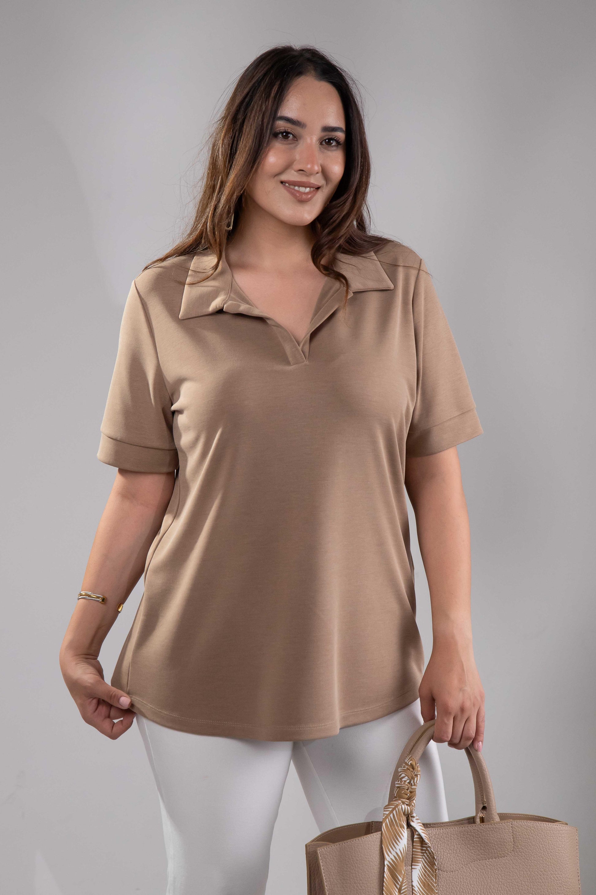 1112038 Plus Size, Shirt Collar Blouse, Camel
