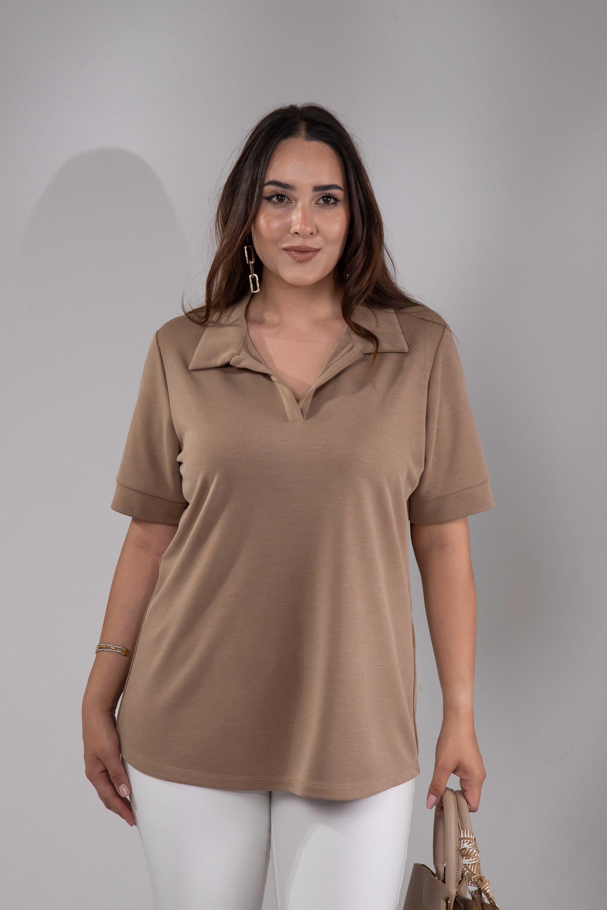 1112038 Plus Size, Shirt Collar Blouse, Camel