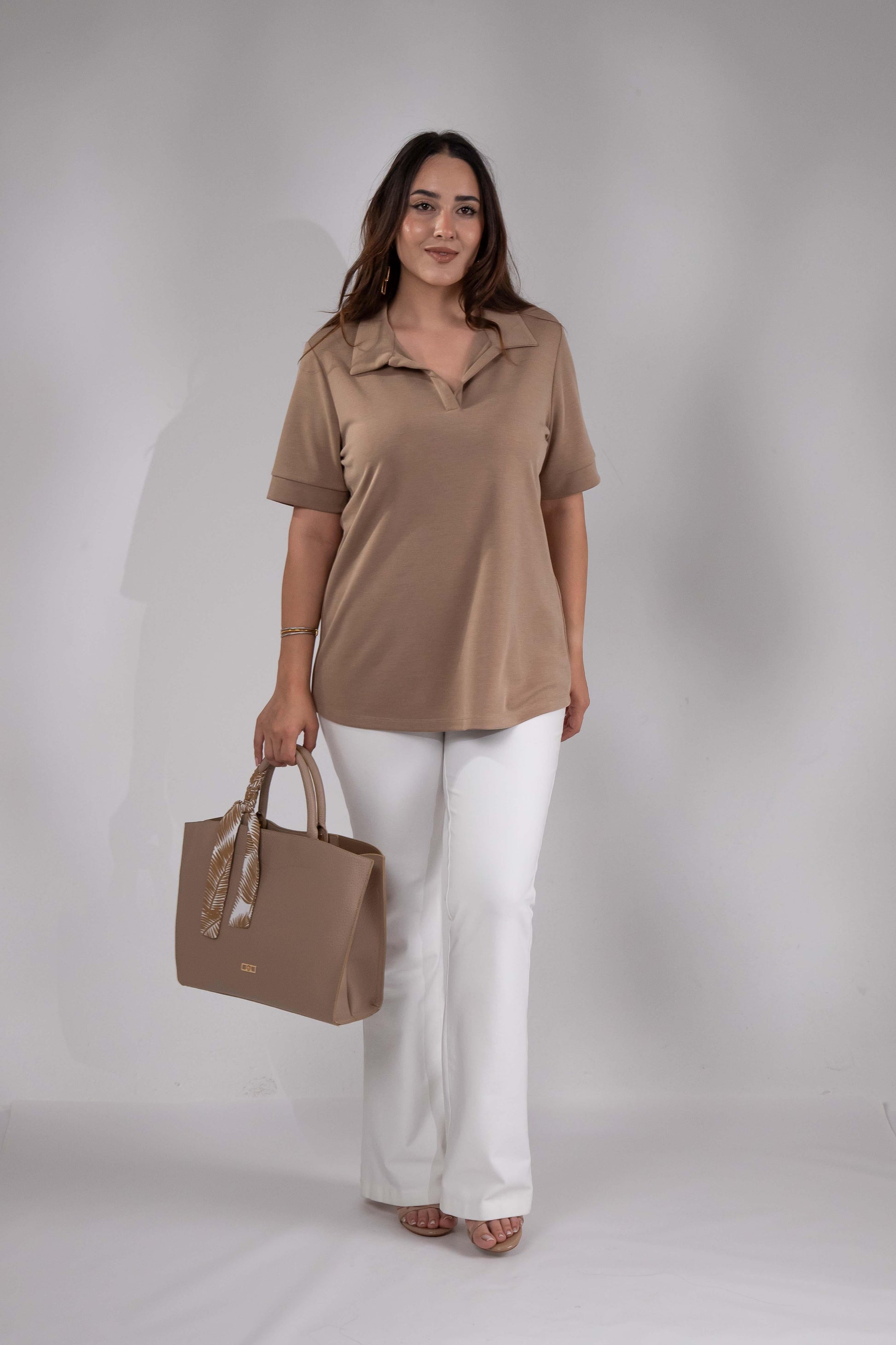 1112038 Plus Size, Shirt Collar Blouse, Camel