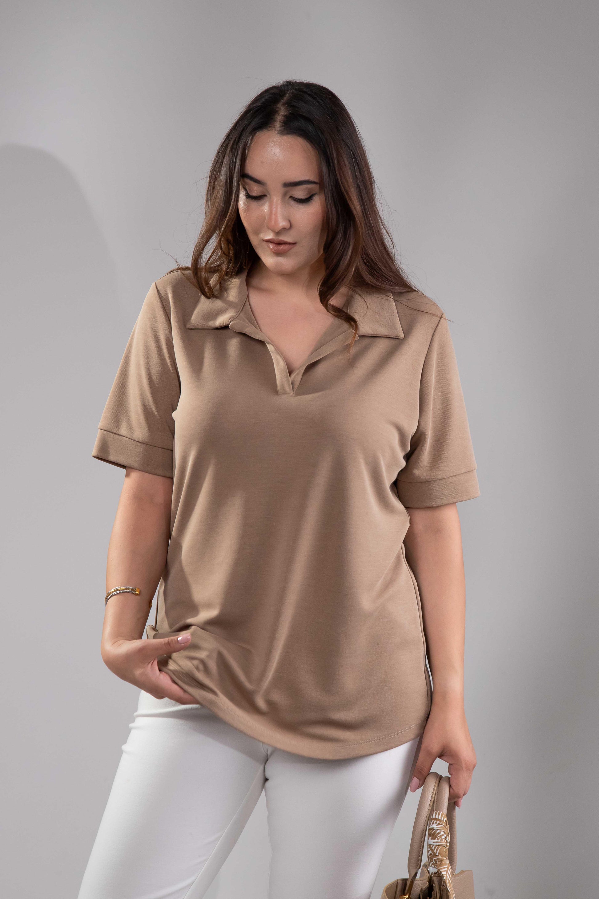 1112038 Plus Size, Shirt Collar Blouse, Camel