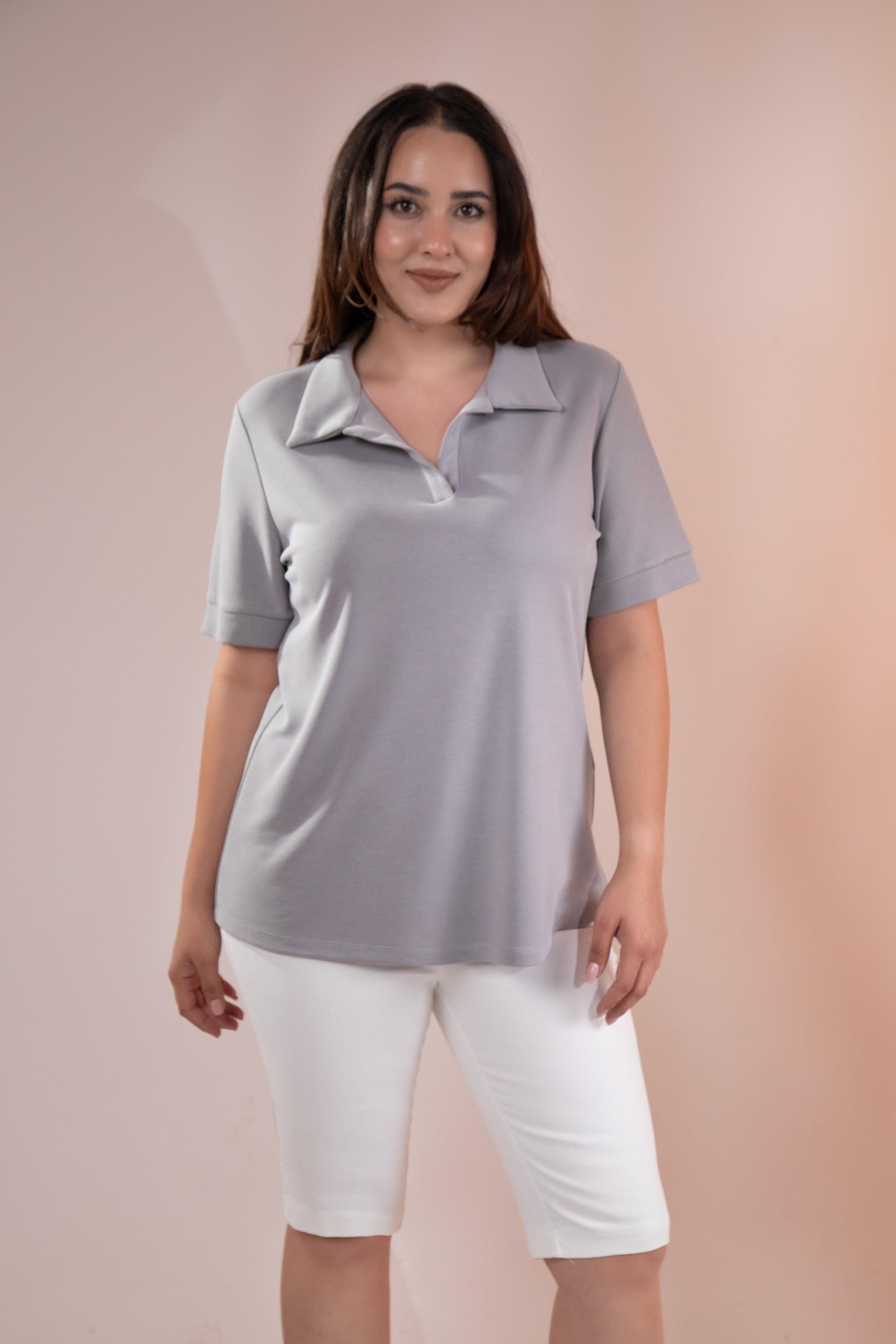 1112038 Plus Size, Shirt Collar Blouse, Grey