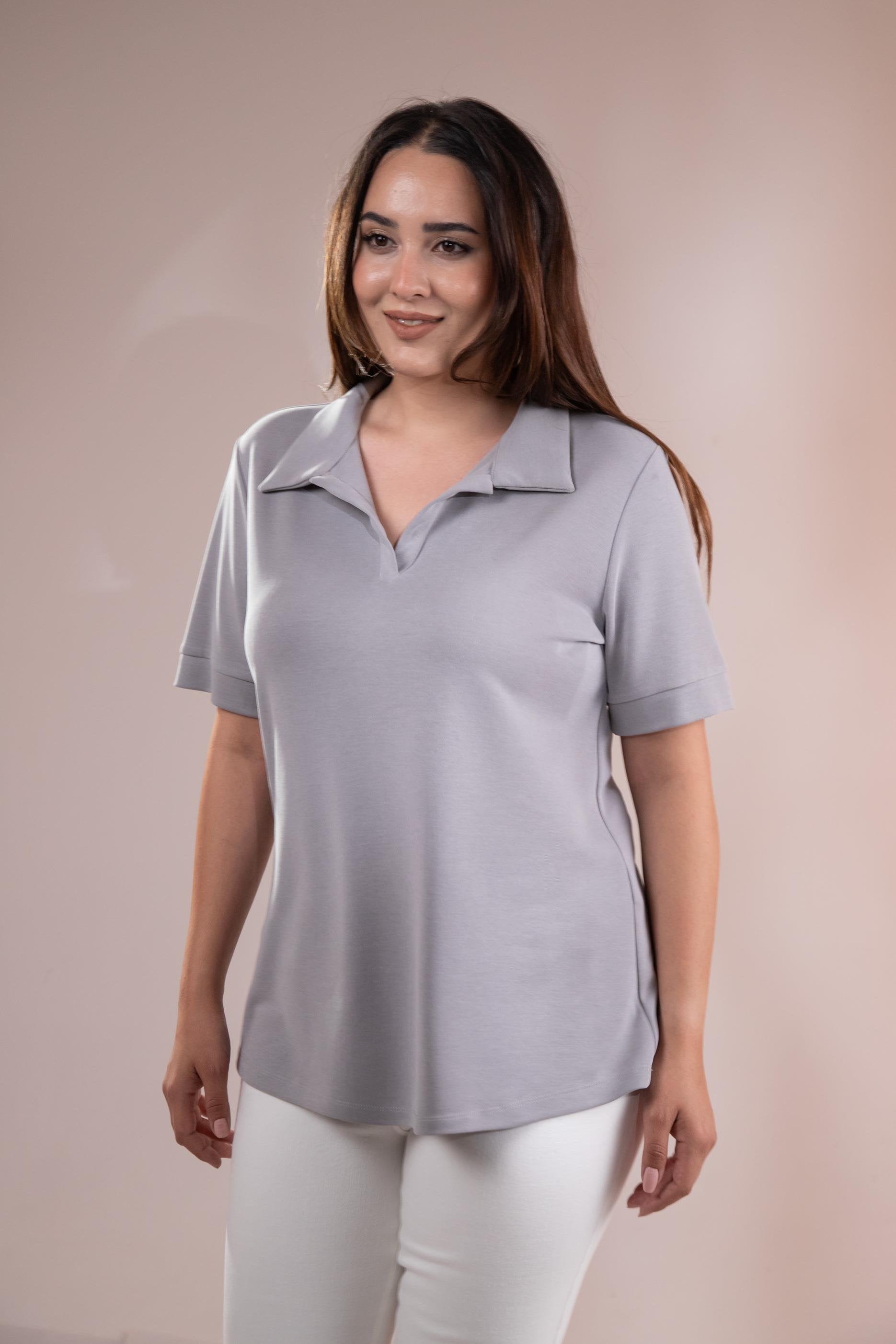 1112038 Plus Size, Shirt Collar Blouse, Grey