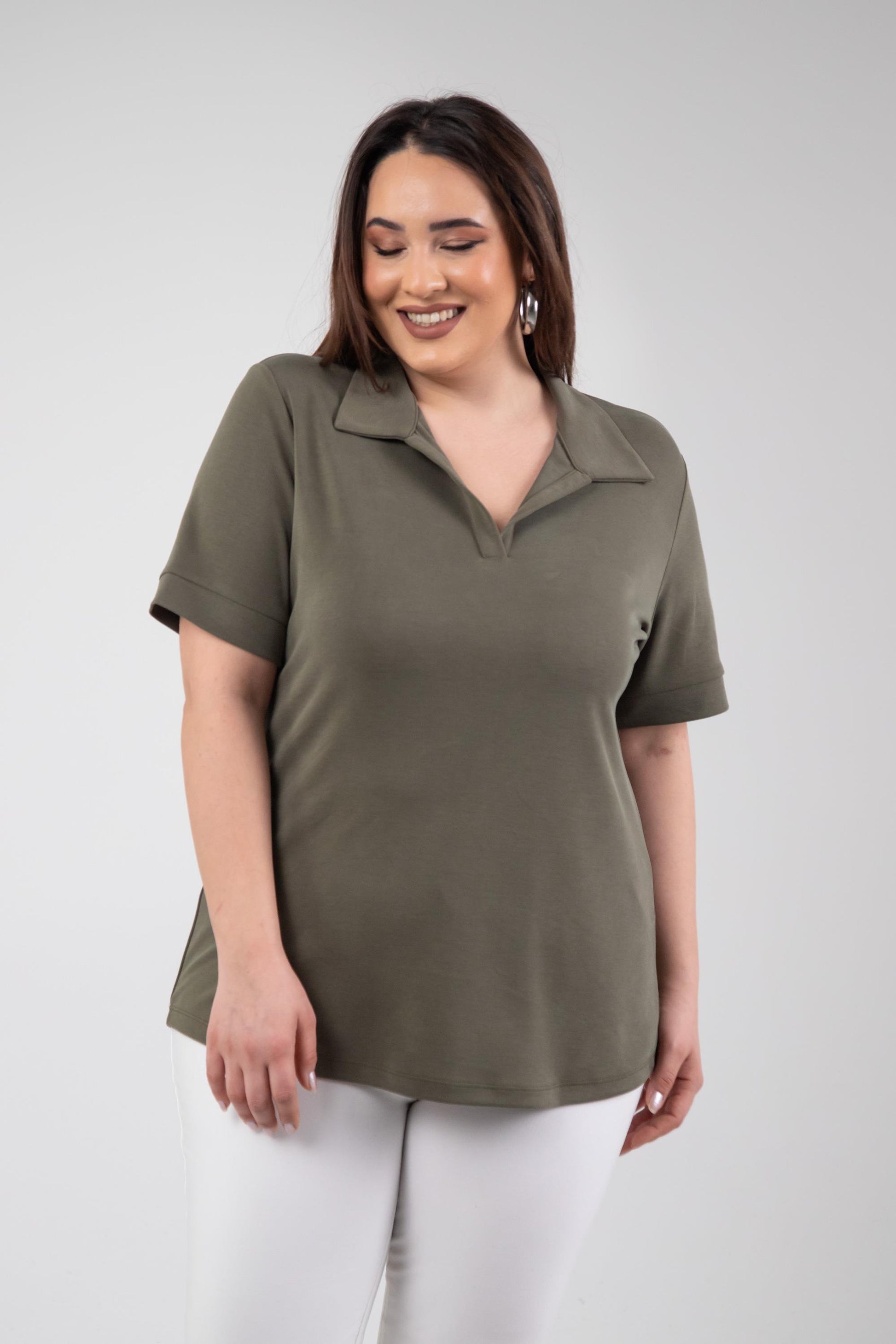 1112038 Plus Size, Shirt Collar Blouse, Khaki