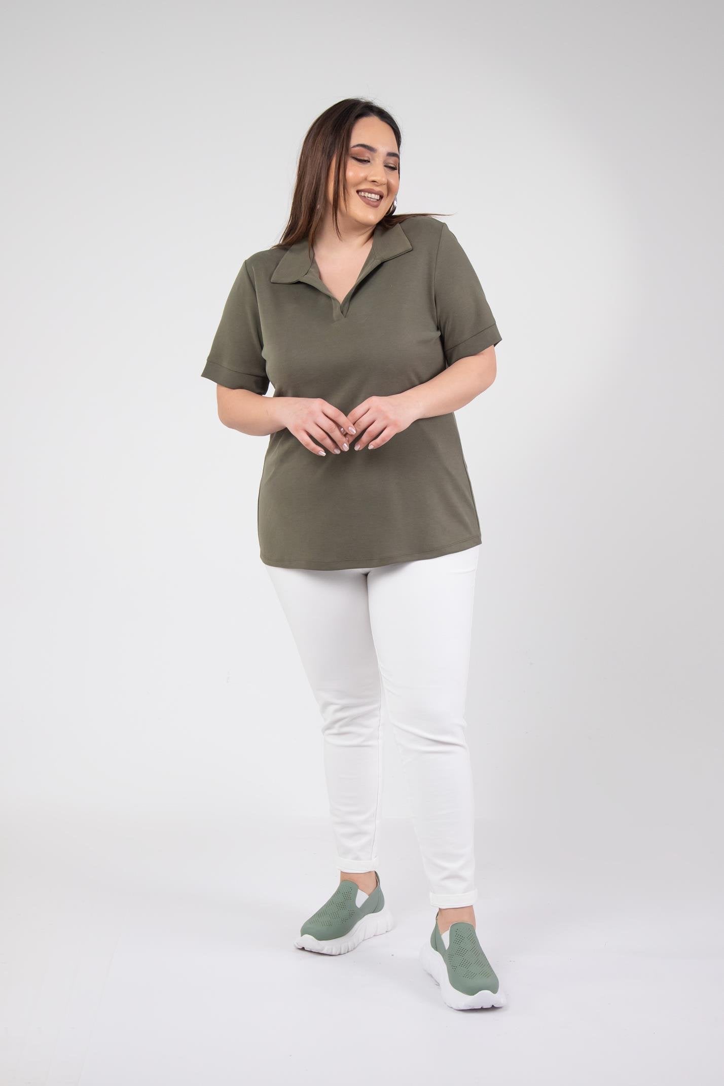 1112038 Plus Size, Shirt Collar Blouse, Khaki