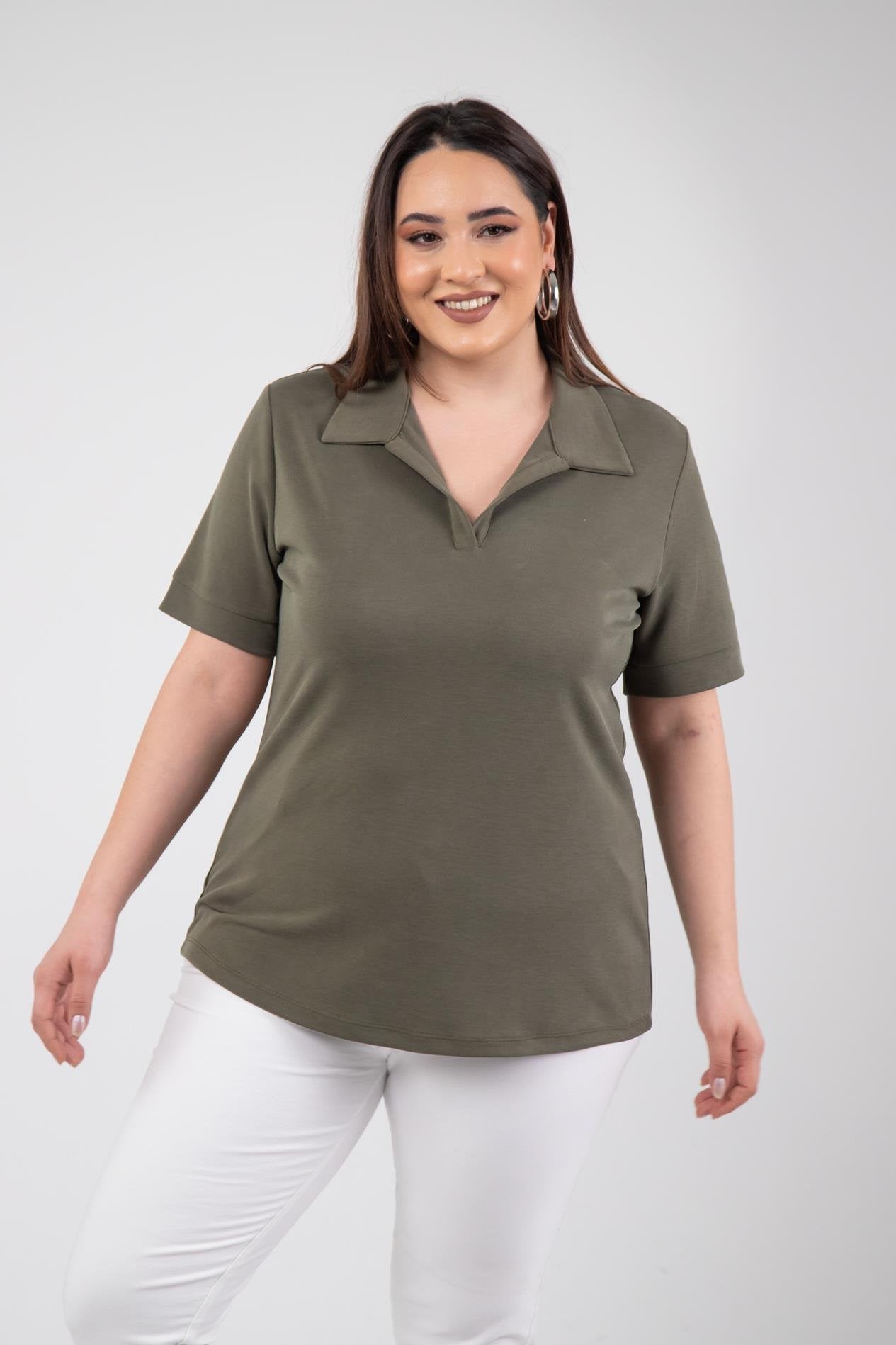 1112038 Plus Size, Shirt Collar Blouse, Khaki