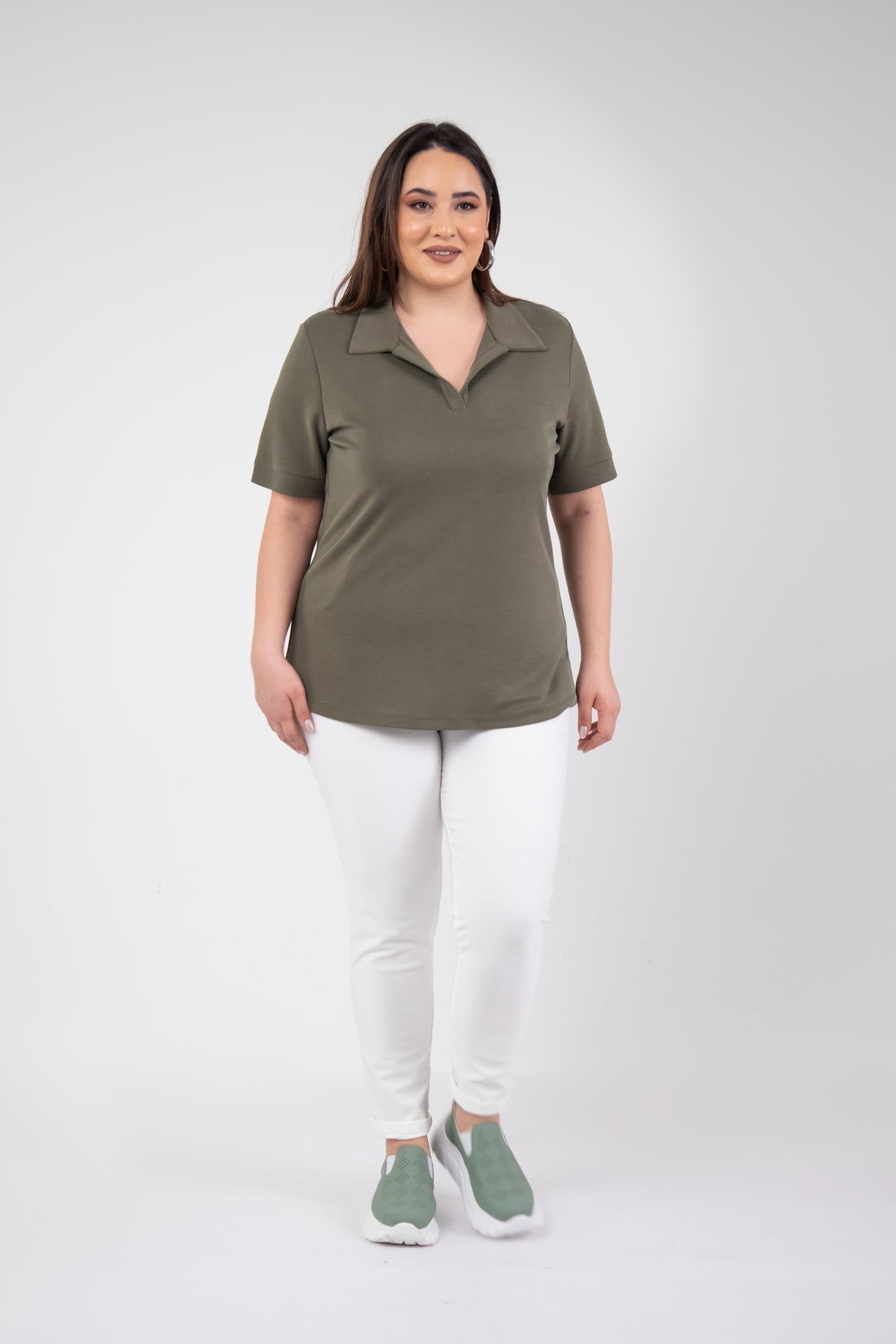 1112038 Plus Size, Shirt Collar Blouse, Khaki
