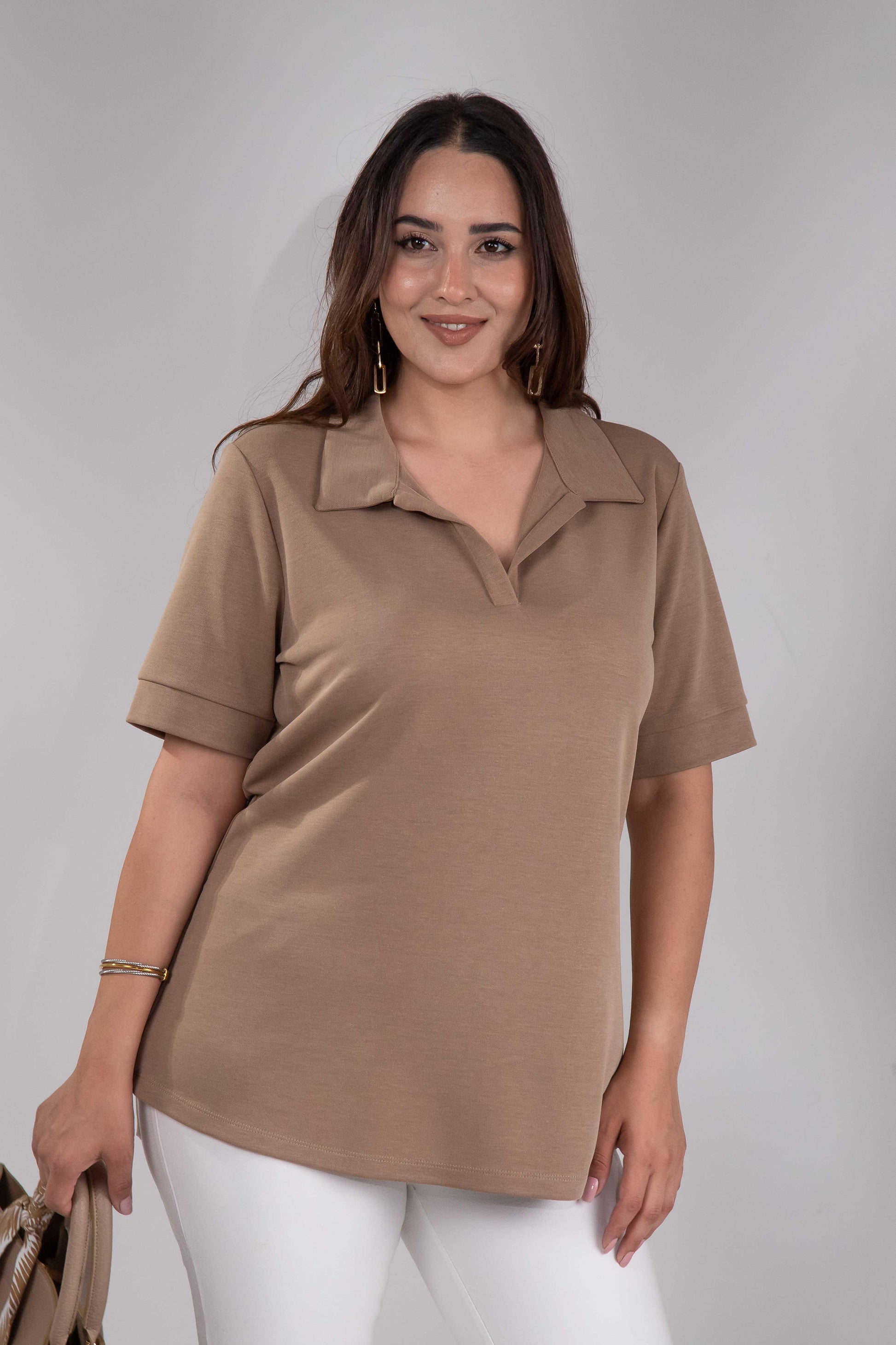 1112038 Plus Size, Shirt Collar Blouse, Camel