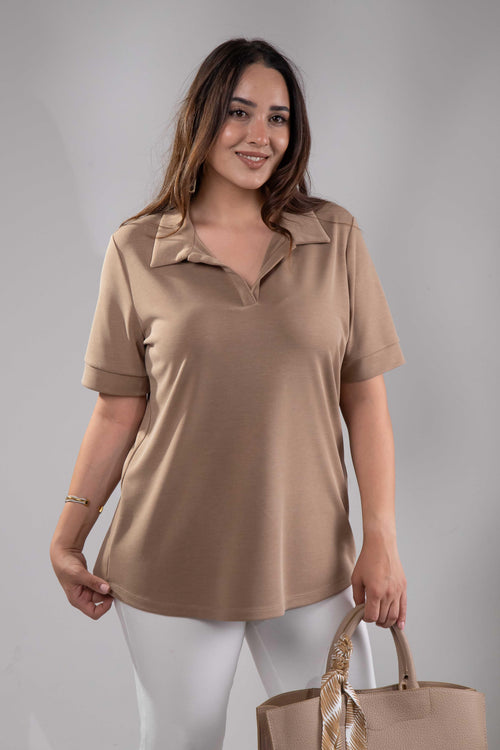 1112038 Plus Size, Shirt Collar Blouse, Camel