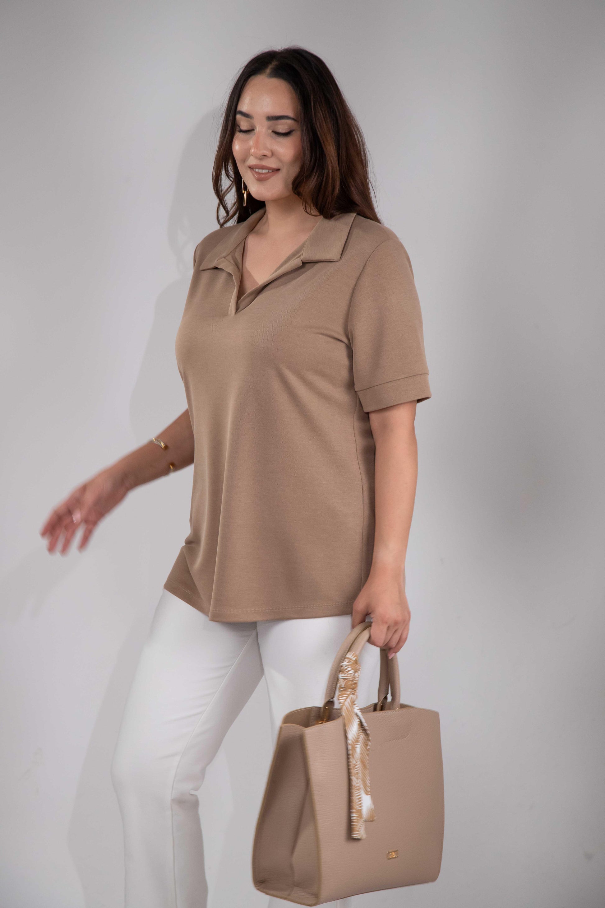 1112038 Plus Size, Shirt Collar Blouse, Camel