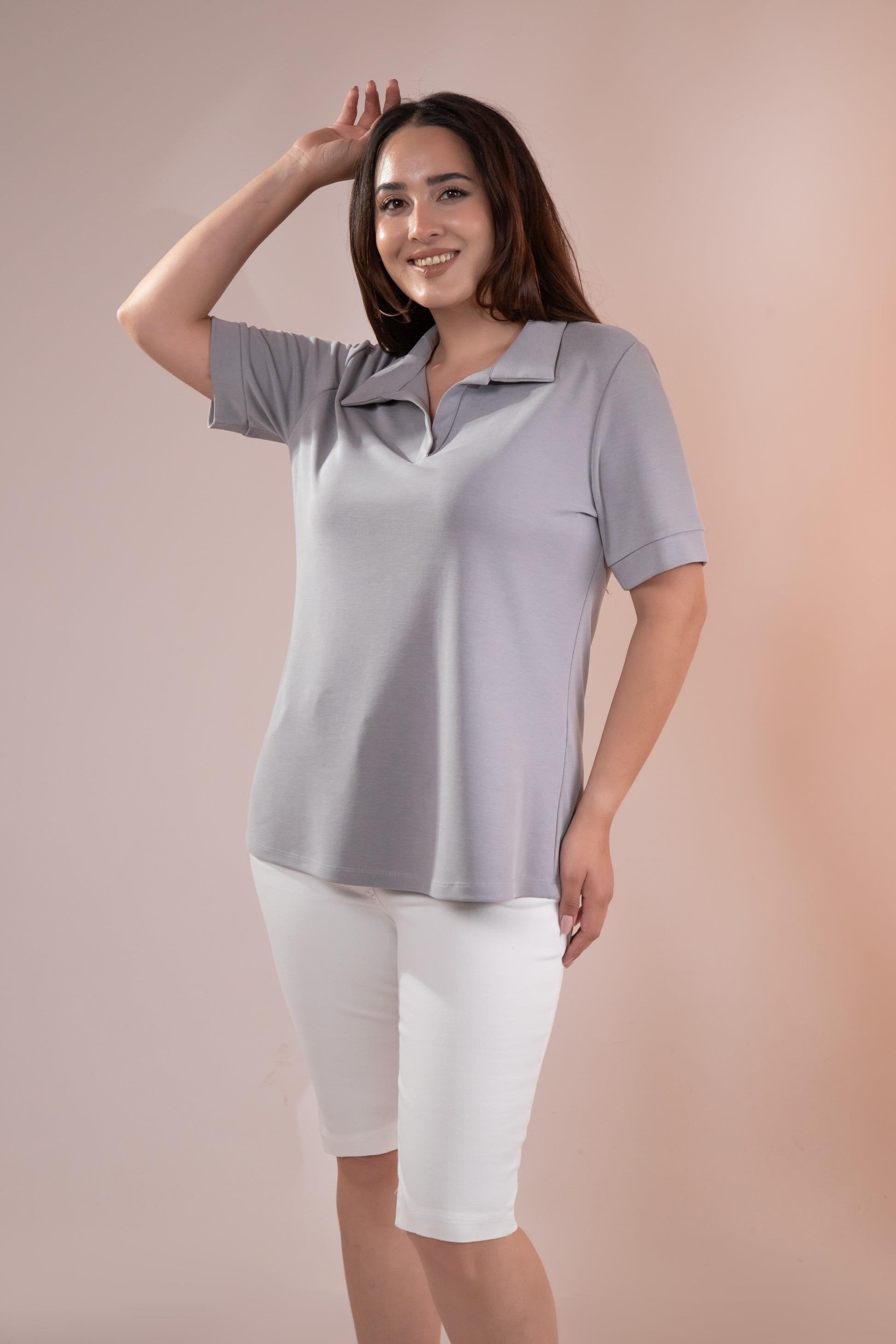 1112038 Plus Size, Shirt Collar Blouse, Grey