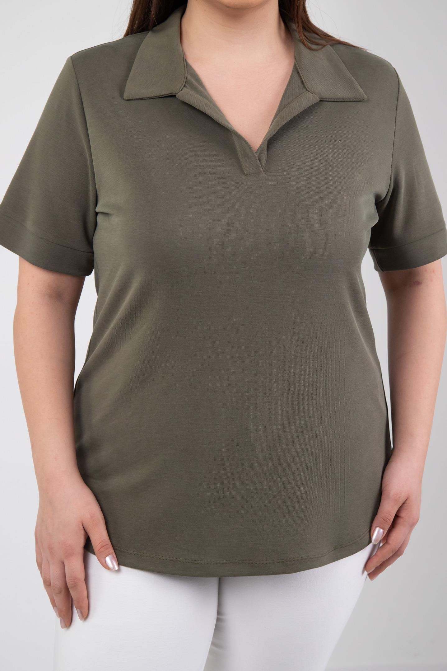 1112038 Plus Size, Shirt Collar Blouse, Khaki