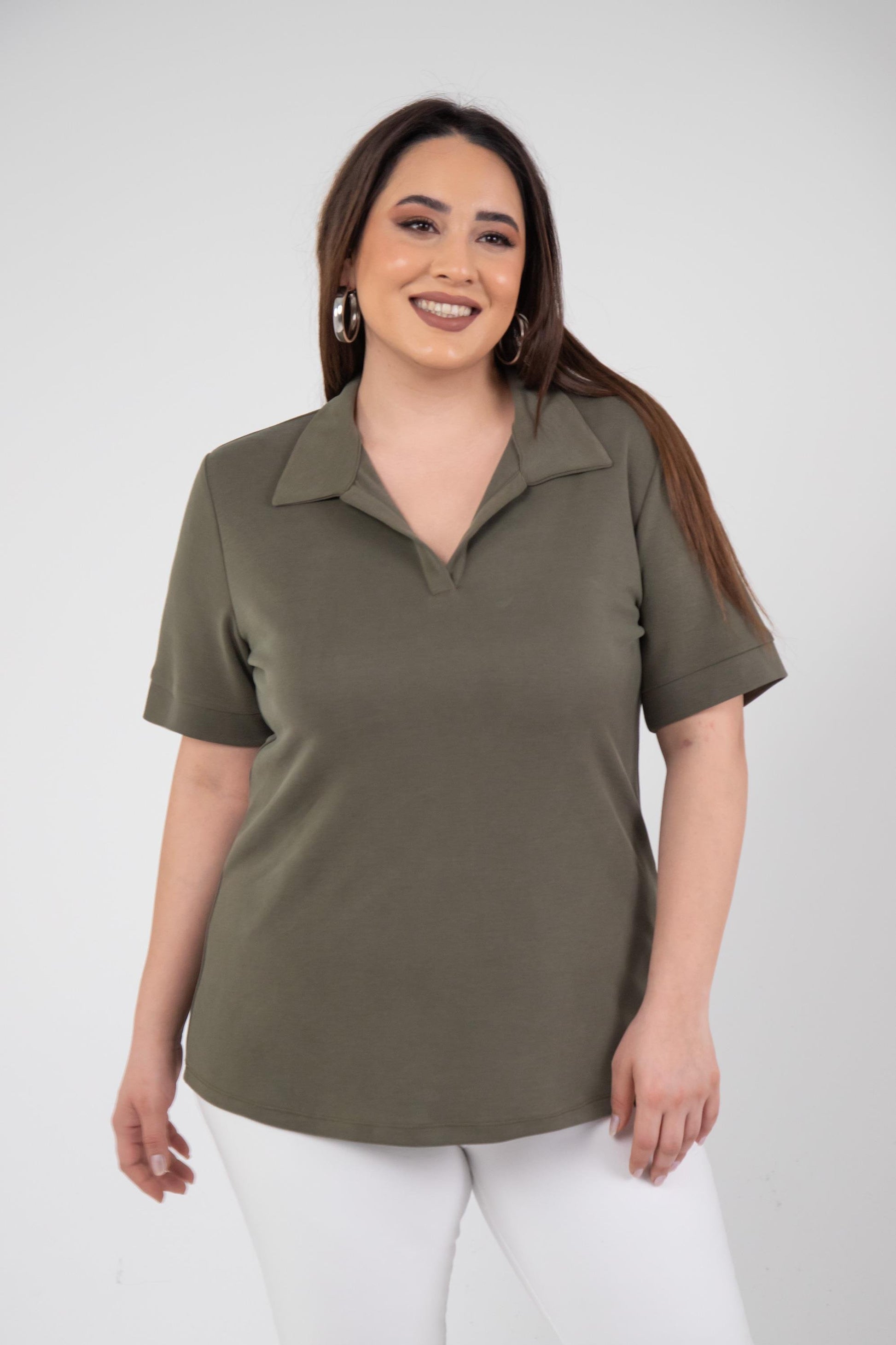 1112038 Plus Size, Shirt Collar Blouse, Khaki